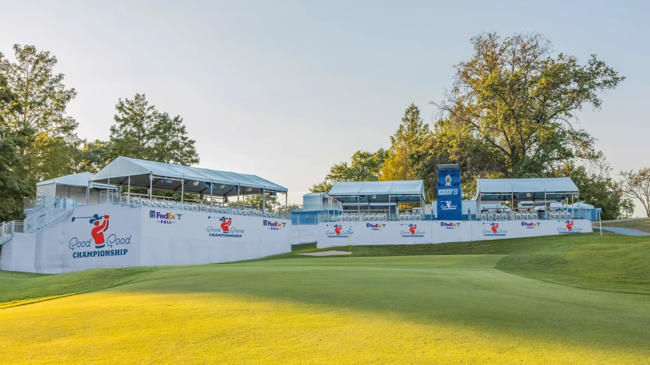 View of the green and hospitality structures at the Good Good Championship golf tournament in Texas.